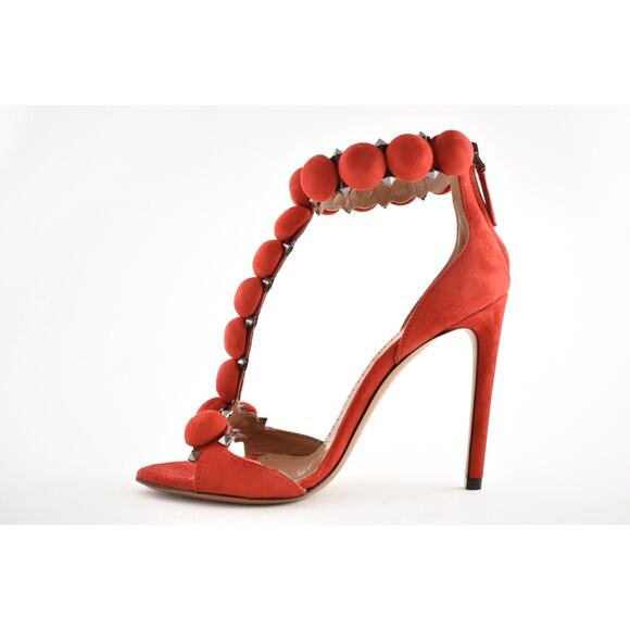 Alaia Bombe 110mm Red Grenadine Suede Ankle T Strap Studded Sandal Heel Pump 36 - Picture 6 of 8